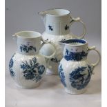 Two Worcester and a Caughley blue and white mask jug