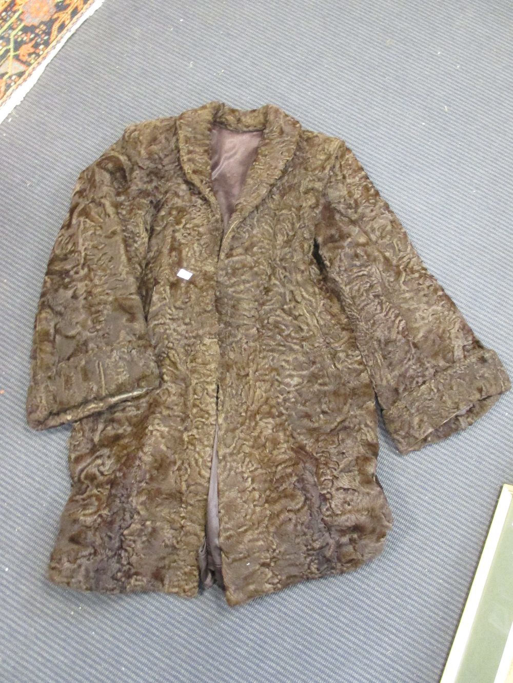 An Astrakhan fur coat, a small fur jacket, an academic gown and a small rug (4)