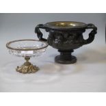 A bronze 'Grand Tour' type two handled urn modelled after the Warwick Vase, and a cut glass bowl