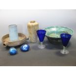 A contemporary pottery bowl, two contemporary vases and modern glassware