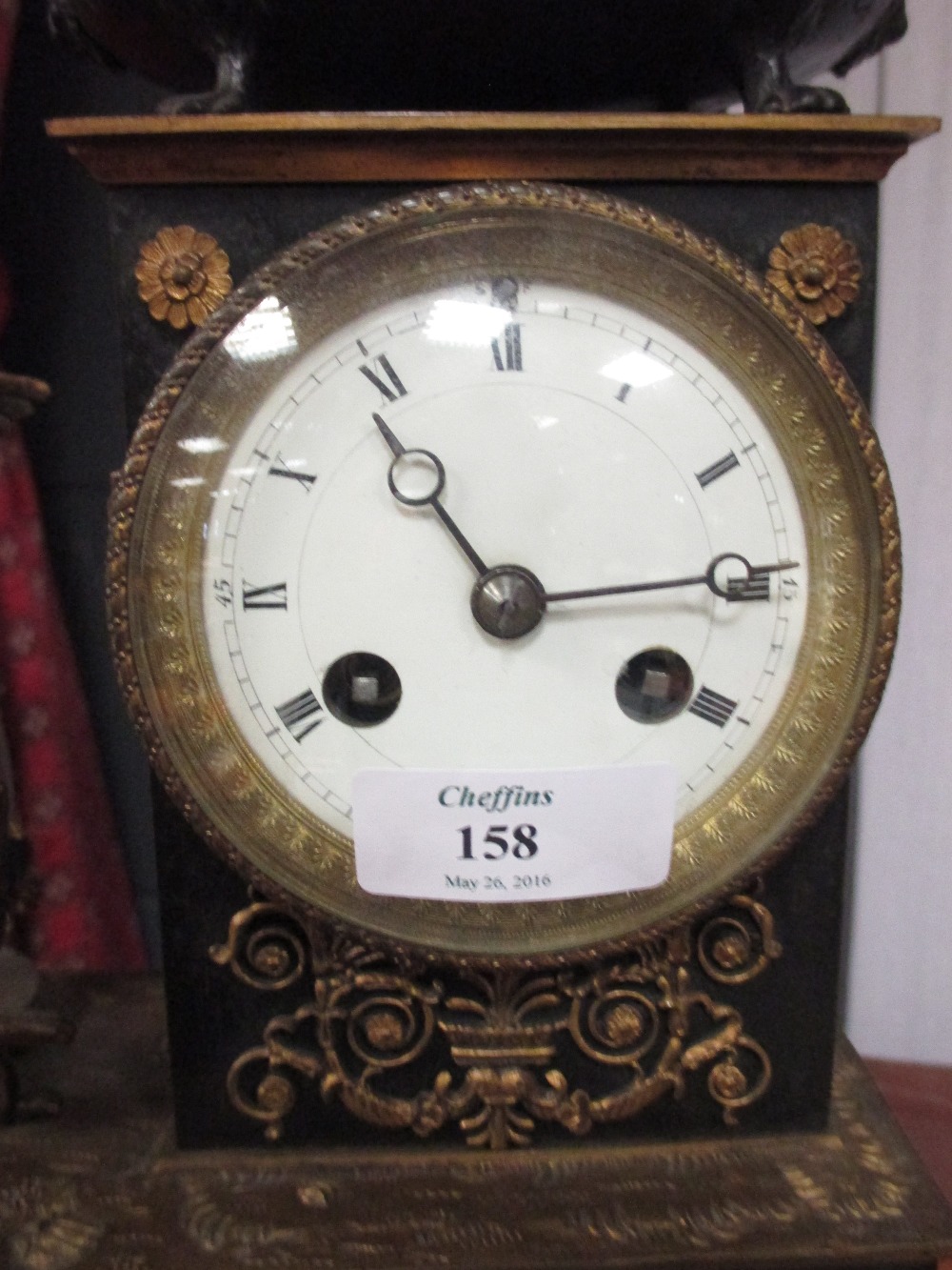 A 19th century French Empire style black slate and gilt metal mounted mantle clock, the enamel - Image 2 of 3