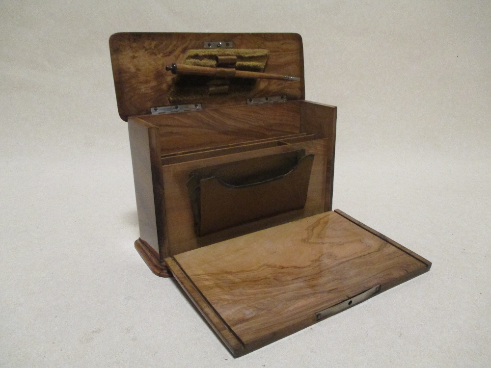 A small Victorian walnut stationery box, with fold down front