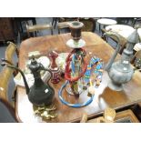 A middle eastern tinned ewer and basin, an enamelled clear glass hookah pipe together with a