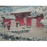 An early 20th century Japanese print of the Akamon gate and another after Kiyonaga