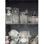 General glassware, including a modern Lalique style bottle with shaped stopper, decanters and vases