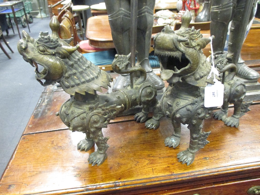 A pair of knights, lion dogs, Omani table lamp, (the knights, 94 cm max) - Image 4 of 4