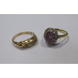 An 18ct five stone diamond ring and an amethyst and diamond ring, the diamond ring of navette form