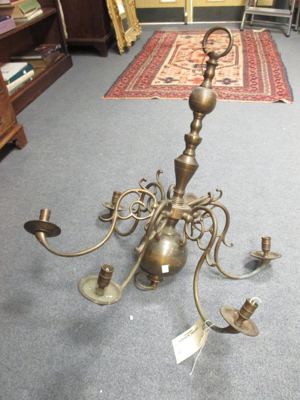 A brass Dutch type ceiling light with six branches