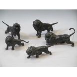 A group of five early 20th century Chinese bronze lions of varying size, the largest 13cm long (5)