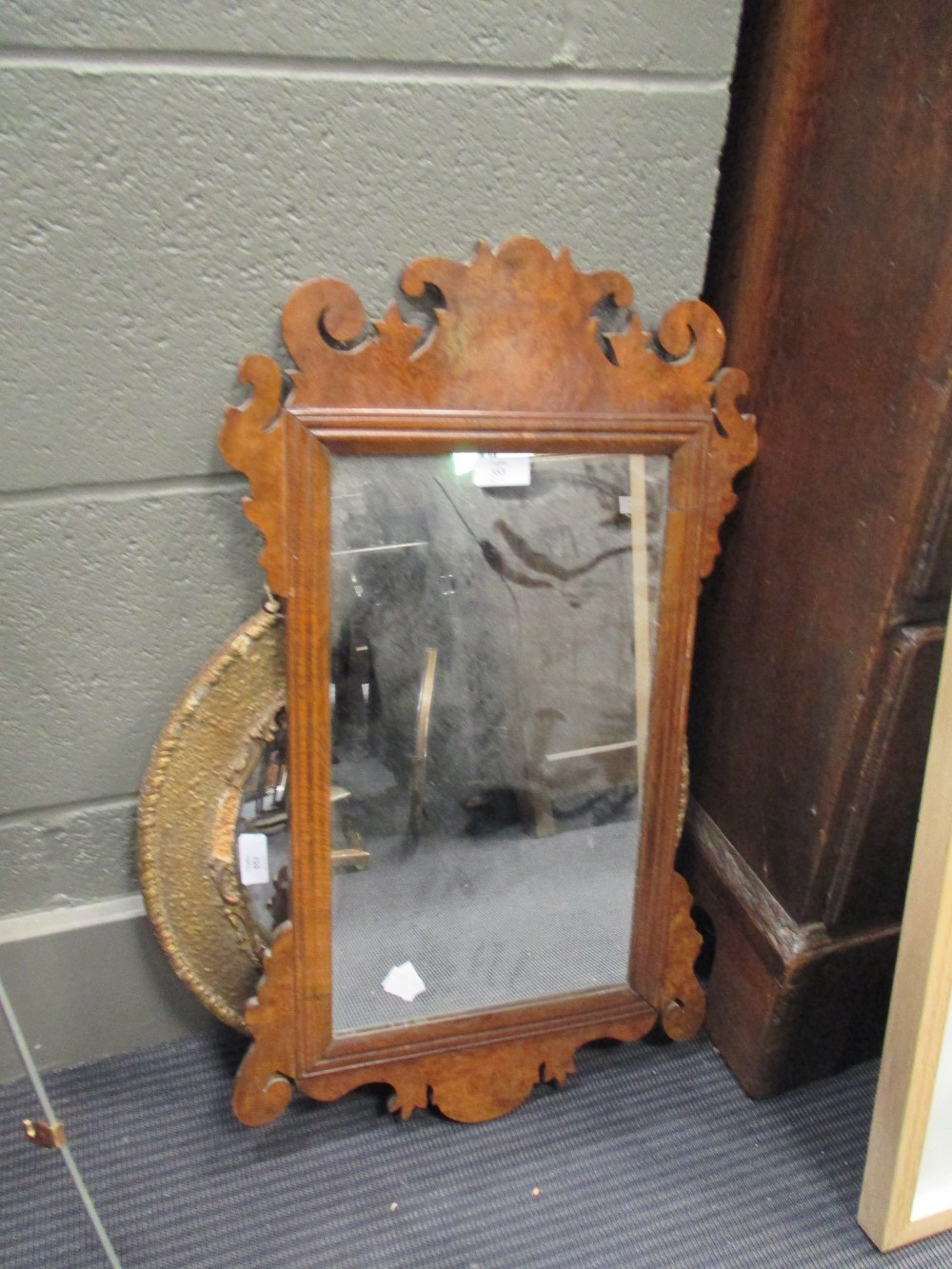 An Edwardian fret carved mahogany wall mirror and five more mirrors (6)