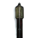 A late 18th century mahogany stick barometer, with lacquered brass register, unsigned, exposed