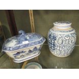 A Chinese blue and white covered ginger jar together with an earlier soup tureen and cover The