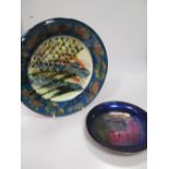 A Mary Wondrausch slipware shallow dish (with presentation label to reverse dated 1994) 26cm