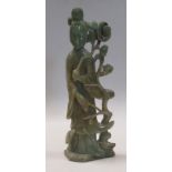 Two wooden pen cases, a box, a comb, pewter mug, Chinese green stone figure of a lady, another of an
