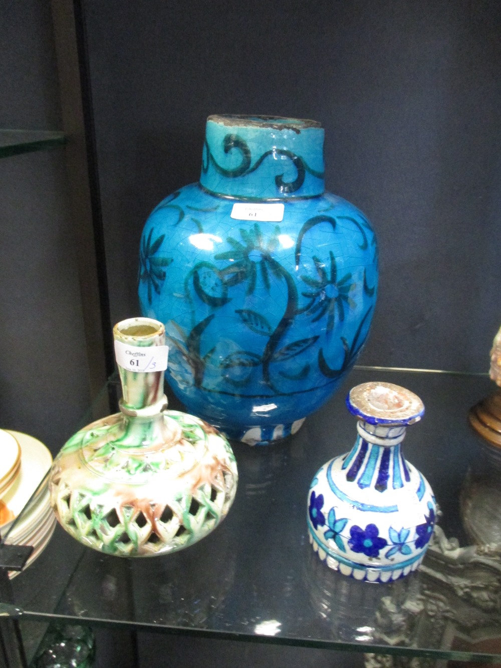 A Kutayha style turquoise vase, reticulated bottle and a Moltani cup