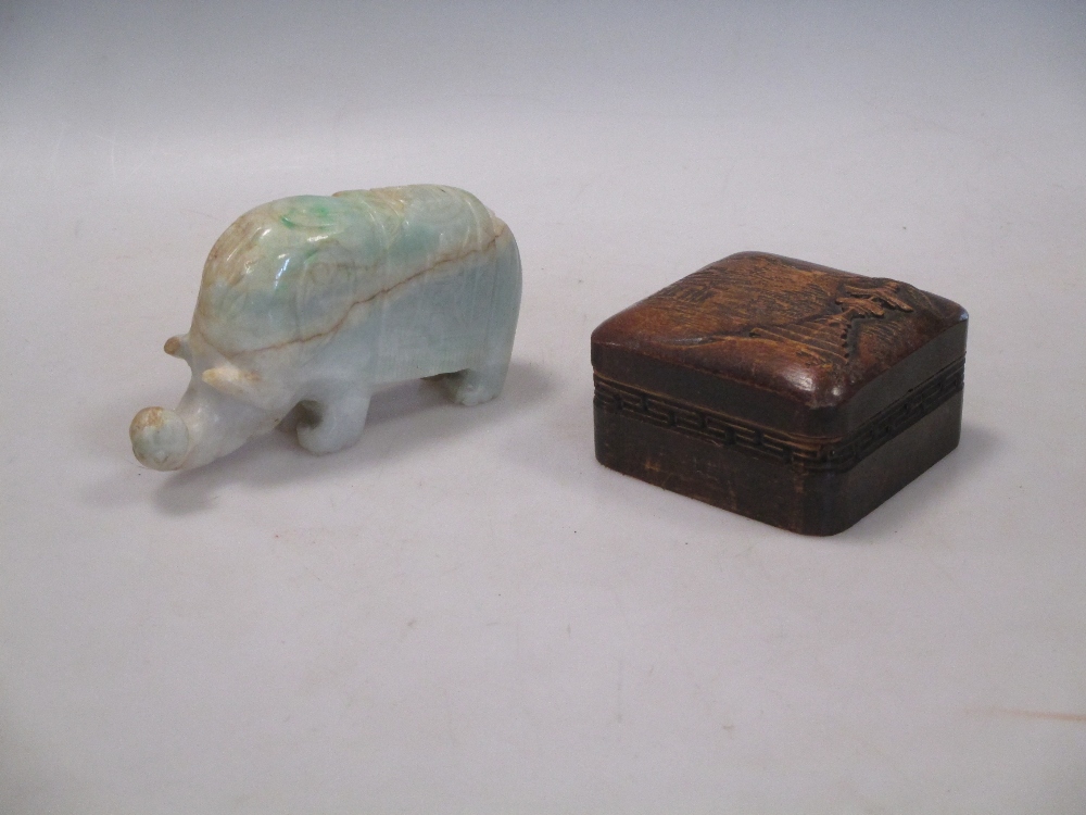 Two wooden pen cases, a box, a comb, pewter mug, Chinese green stone figure of a lady, another of an - Image 2 of 3