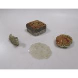 Chinese hardstone and white metal box, three other hardstone items together with a pair of