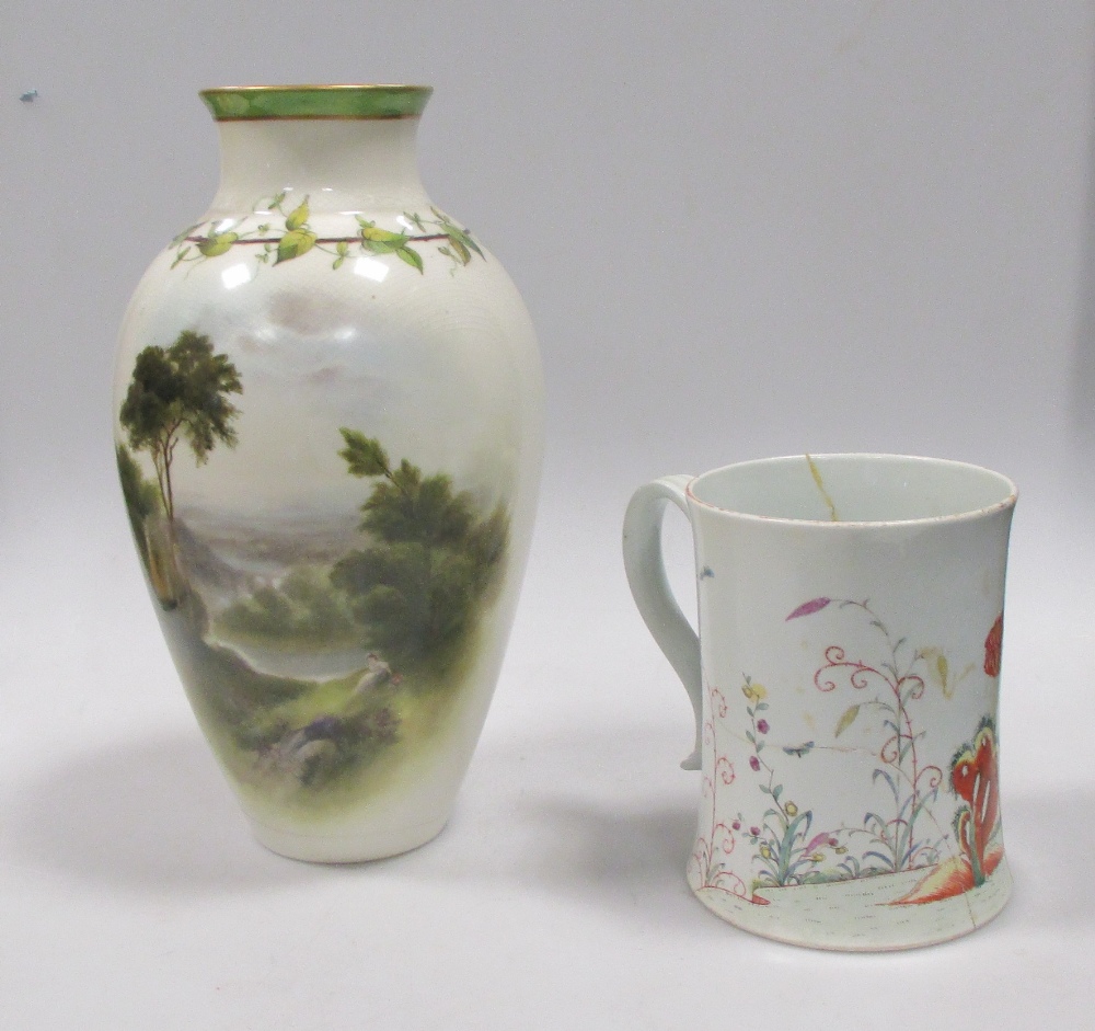 A Royal Worcester vase painted with a lakeland scene by Rushton and an 18th century mug (damaged)