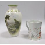 A Royal Worcester vase painted with a lakeland scene by Rushton and an 18th century mug (damaged)