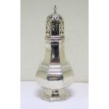 A silver sugar caster, by Walker & Hall, Sheffield 1915, of octagonal baluster form with moulded