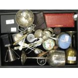 A box of small silver and plated items, medals etc