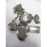 Four items of silver jewellery, to include a locket on chain, sovereign case, aesthetic brooch and