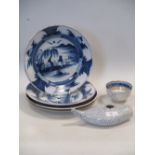 A pair of mid 18th century Delft blue and white plates, two other plates, an invalid feeder and a