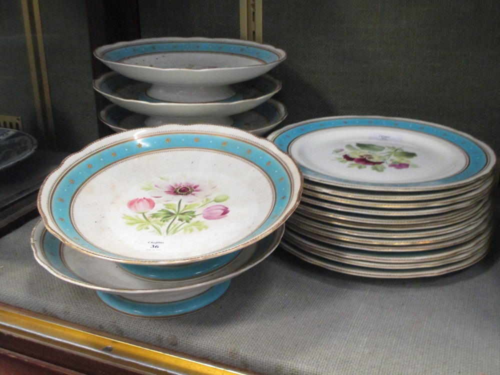 A late 19th century floral dessert service with turquoise rim bands