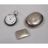 A silver pocket tobacco box, cup, snuff box and a pocket watch (3)