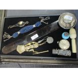 Two Chinese coin inset small dishes, a pocket watch, scent bottles etc