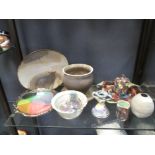 A collection of studio wares and glaze effects, to include: high fired, raku and French agate wares