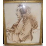 Brown ink and wash sketch of a man in a wig. Possibly depicting a classical composer, inscribed on