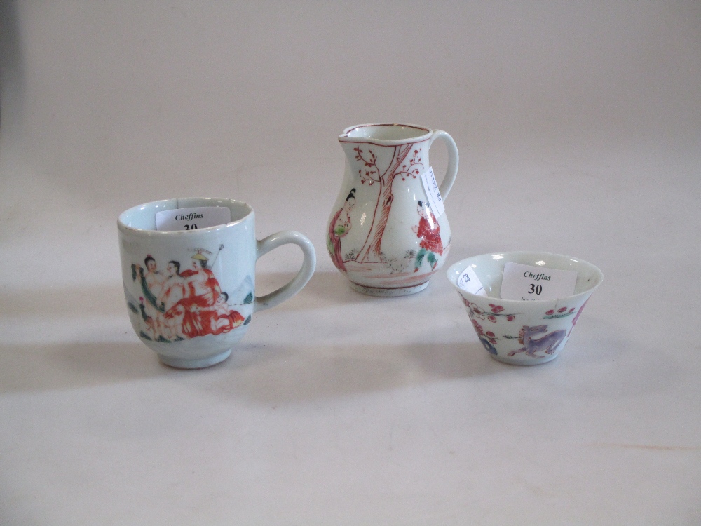 A Chinese coffee cup painted with the Judgement of Paris, a Worcester sparrow beak jug, and a