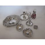 A small heart shaped pin tray, another pin tray, a silver dish and other silver and white metal to