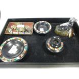 A rectangular cloisonne pin tray, two pietra dura dishes and a vase, a white metal model of a dog on