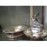 A Mexican silver bowl stamped 925, an oval plated dish, a claret jug with plated mounts etc