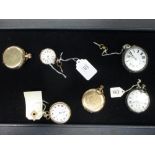 A ladies 9ct fob watch, three yellow metal pocket watches and two silver pocket watches (6)