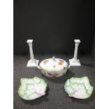 A pair of Vienna cabbage leaf pattern side dishes, a Royal Copenhagen tureen and cover and a pair of