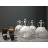 Four 19th century continental glass bottles, two Parian busts and a set of five horn beakers (11)