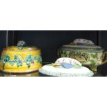 Two Minton Majolica game pie dishes and a spare cover (a/f)