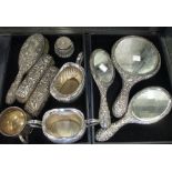 A silver six piece harlequin silver dressing table set, a silver mug, a four piece EPNS teaset and a