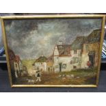 English Provincial School (19th century), Village scene with pigs and children and a walker with a