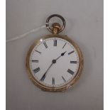 An 18 carat fob watch with white enamel dial, black Roman numerals and hands and with bright cut