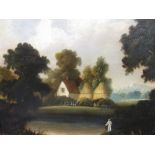 English Provincial School, 18th century, farmhouse with corn stooks and a fisherman in the