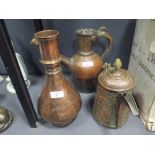 A Middle Eastern copper hookah base together with two jugs, a pair of Satsuma vases and a covered