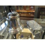 A silver bell form ink well, a Chester silver box and a silver mounted cut glass scent bottle (3)