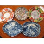 A 'Rogers' and another blue and white plate, two Chinese plates and a 'Boy at the Window' pattern