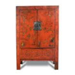 An 18th century Chinese red lacquer marriage chest, painted with figures, fences, screens and