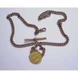 A George V gold sovereign, 1914, hard mounted as a pendant to a 9ct gold curblink watch chain, 41.