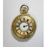 A continental 18ct gold half hunter cased fob watch, the white dial printed with Roman numerals in